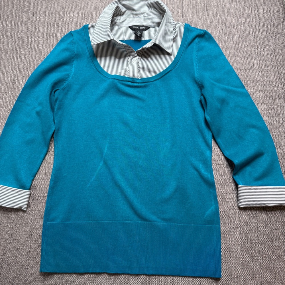 White House Black Market Teal Blue Layered Look Striped 2-in-1 Sweater Twofer S